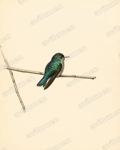 Ilustración en Lámina antigua: Abeillia abeillei (Colibrí de Abeillé​)
