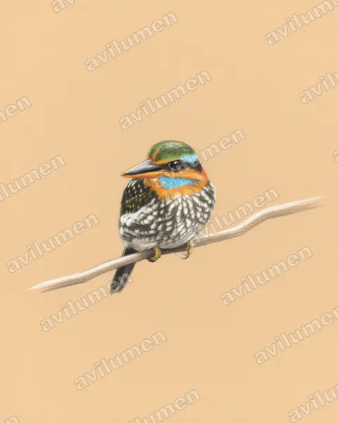 Colored pencil illustration: Actenoides lindsayi (Spotted Wood Kingfisher)