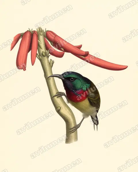 叉尾太阳鸟(Aethopyga christinae)的古典图版插画