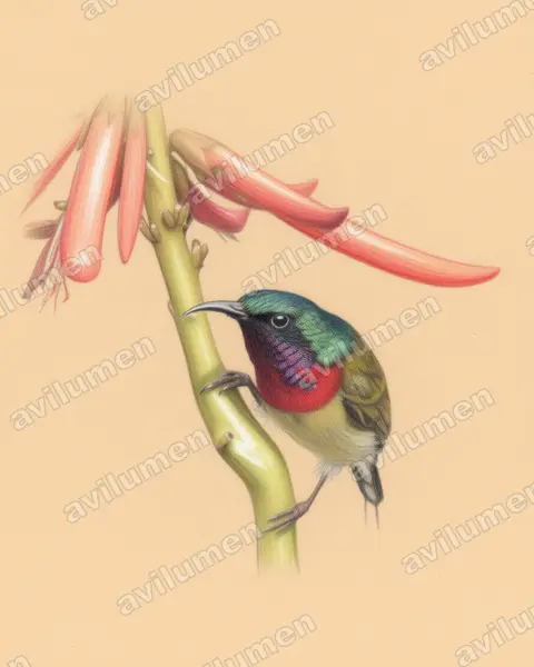 叉尾太阳鸟(Aethopyga christinae)的彩色铅笔插画