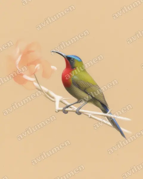 白胁太阳鸟（Aethopyga eximia）的彩色铅笔插画