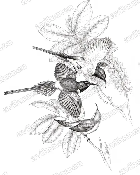 火尾太阳鸟（Aethopyga ignicauda）的钢笔墨线插画