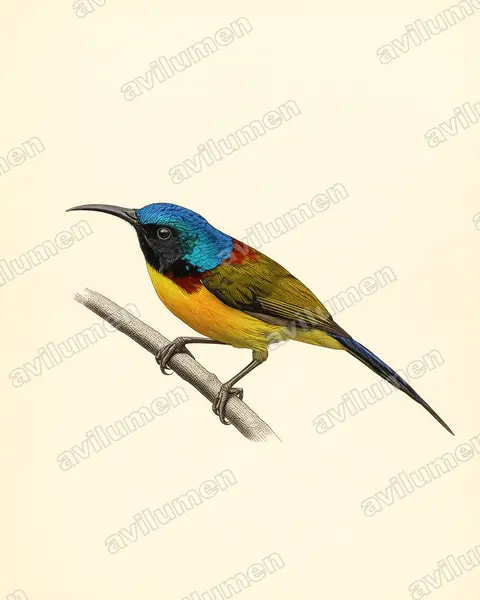 Illustration Planche ancienne : Aethopyga nipalensis (Souimanga à queue verte)