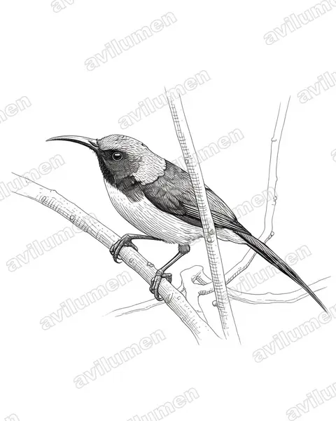 Illustration Encre : Aethopyga nipalensis (Souimanga à queue verte)