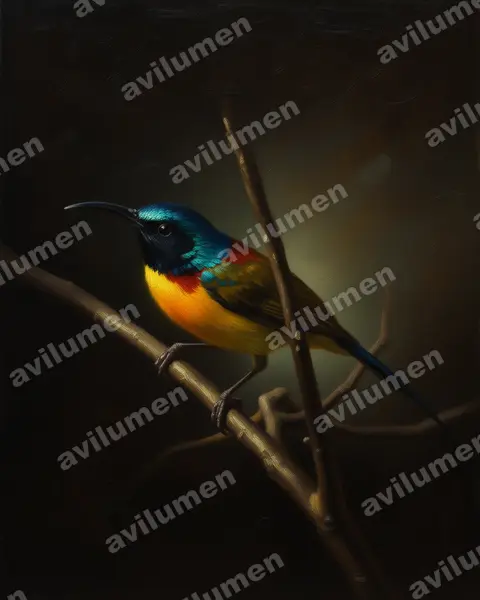 Illustration Huile : Aethopyga nipalensis (Souimanga à queue verte)