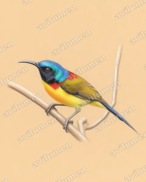 Illustration Crayon de couleur : Aethopyga nipalensis (Souimanga à queue verte)