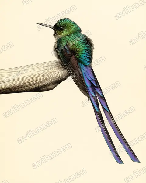 Illustration im Stil Historische Tafel: Langschwanzsylphe (Aglaiocercus coelestis)