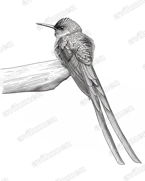 Illustration im Stil Tusche: Langschwanzsylphe (Aglaiocercus coelestis)