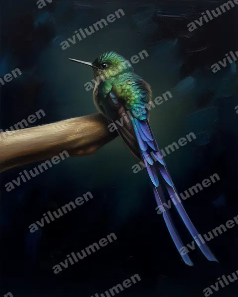 Illustration im Stil Öl: Langschwanzsylphe (Aglaiocercus coelestis)