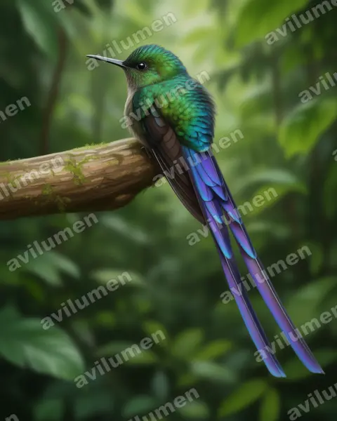 Illustration im Stil Realistisch: Langschwanzsylphe (Aglaiocercus coelestis)