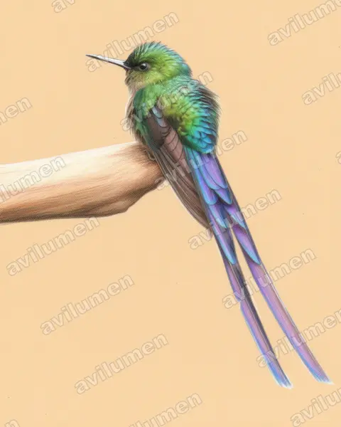 Illustration im Stil Buntstift: Langschwanzsylphe (Aglaiocercus coelestis)