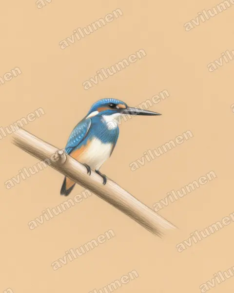 Ilustración en Lápiz de color: Alcedo coerulescens (Martín pescador azulado)