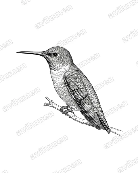 白腹蜂鸟（Amazilia chionogaster）的钢笔墨线插画