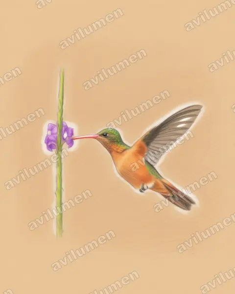 桂红蜂鸟（Amazilia rutila）的彩色铅笔插画