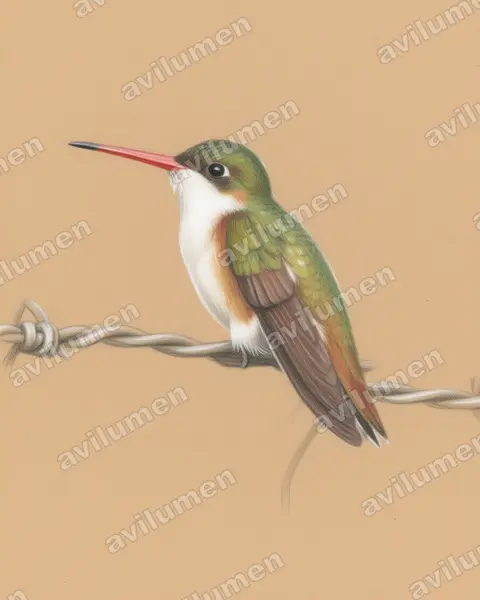 Colored pencil illustration: Amazilia wagneri (Cinnamon-sided hummingbird)