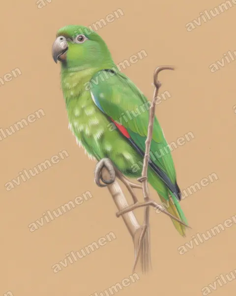 黑嘴亚马逊鹦鹉（Amazona agilis）的彩色铅笔插画