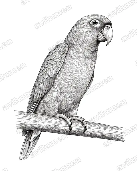 白额亚马逊鹦鹉（Amazona albifrons）的钢笔墨线插画