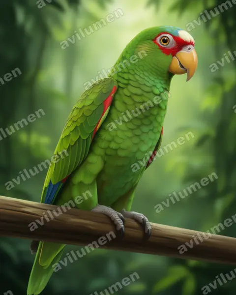 白额亚马逊鹦鹉（Amazona albifrons）的写实插画