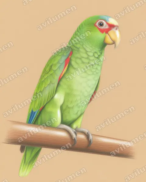 白额亚马逊鹦鹉（Amazona albifrons）的彩色铅笔插画