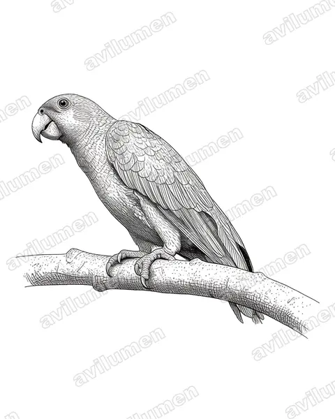 橙翅亚马逊鹦鹉（Amazona amazonica）的钢笔墨线插画