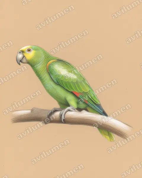 橙翅亚马逊鹦鹉（Amazona amazonica）的彩色铅笔插画