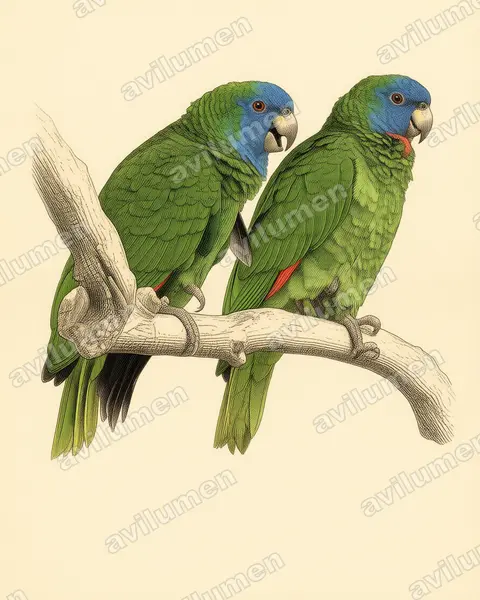 Ilustración en Lámina antigua: Amazona arausiaca (Amazona gorgirroja​)