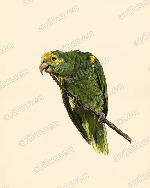 Ilustración en Lámina antigua: Amazona barbadensis (Loro de hombros amarillos)