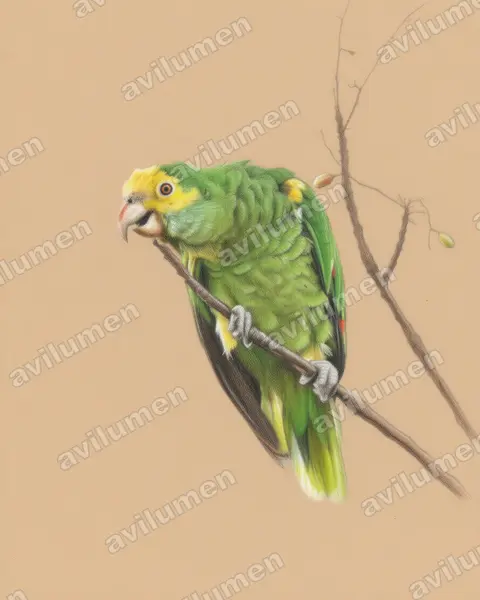 Ilustración en Lápiz de color: Amazona barbadensis (Loro de hombros amarillos)