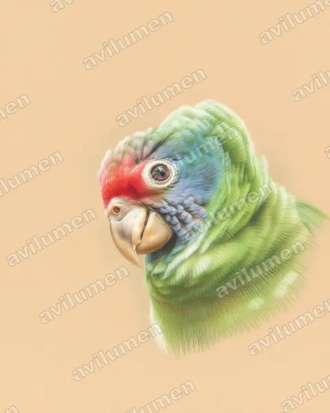 Illustration Crayon de couleur : Amazona brasiliensis (Amazone à joues bleues)