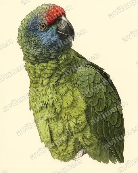 Ilustración en Lámina antigua: Amazona festiva (Loro de lomo rojo)