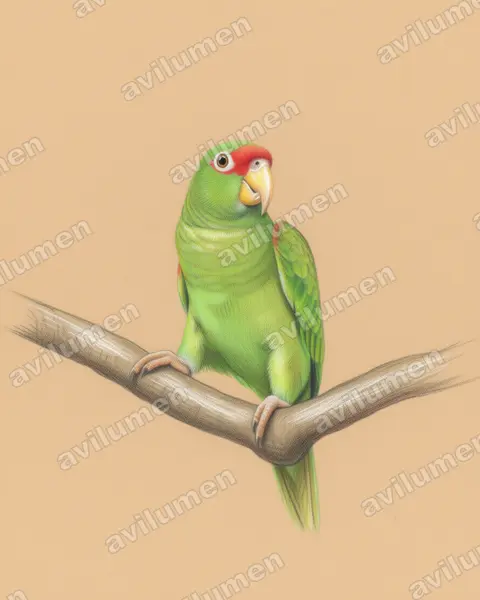 Colored pencil illustration: Amazona gomezgarzai (Blue-winged amazon)