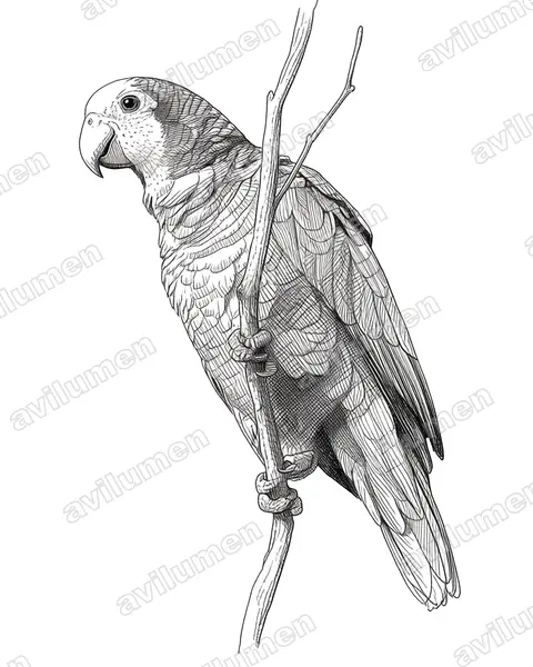 古巴亞馬遜鸚鵡（Amazona leucocephala）的钢笔墨线插画
