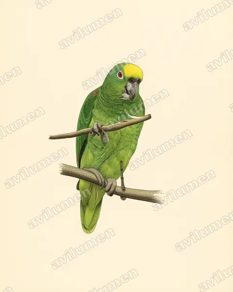 Ilustración en Lámina antigua: Amazona ochrocephala (Loro real amazónico)