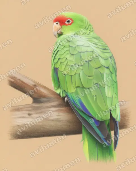 紅眼鏡亞馬遜鸚鵡（Amazona pretrei）的彩色铅笔插画