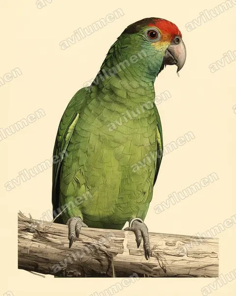 Ilustración en Lámina antigua: Amazona rhodocorytha (Loro de cejas rojas)