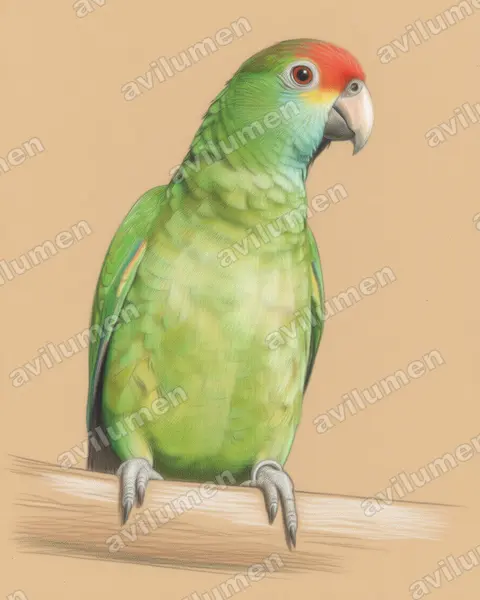 Ilustración en Lápiz de color: Amazona rhodocorytha (Loro de cejas rojas)