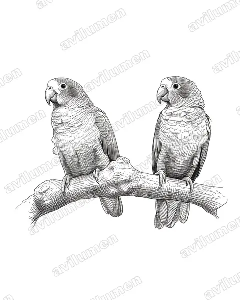 亚马逊鹦鹉（Amazona ventralis）的钢笔墨线插画