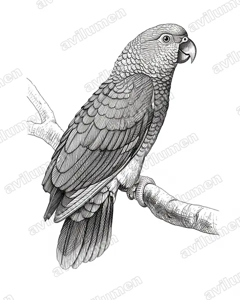 紅胸鸚鵡（Amazona vinacea）的钢笔墨线插画