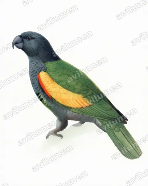 Watercolor illustration: Amazona violacea (Guadeloupe Amazon)