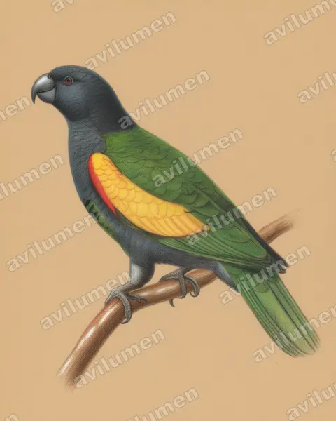 Colored pencil illustration: Amazona violacea (Guadeloupe Amazon)
