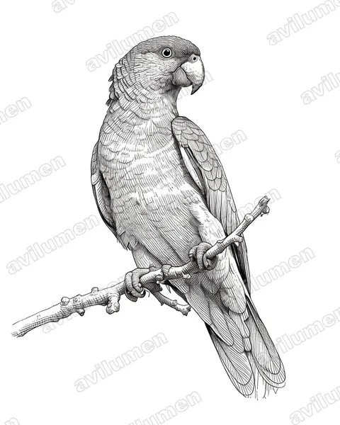 紅冠亞馬遜鸚鵡（Amazona viridigenalis）的钢笔墨线插画