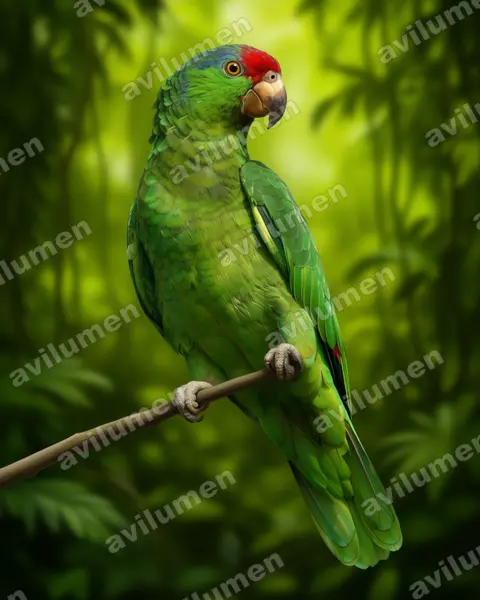 紅冠亞馬遜鸚鵡（Amazona viridigenalis）的写实插画