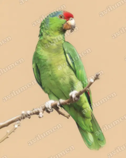 紅冠亞馬遜鸚鵡（Amazona viridigenalis）的彩色铅笔插画