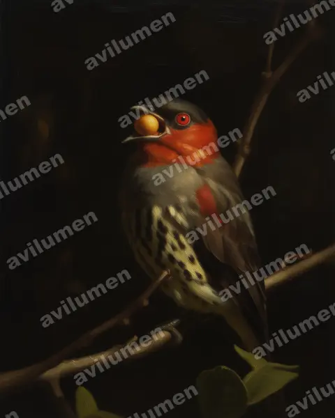 Illustration im Stil Öl: Chestnut-crested Cotinga (Ampelion rufaxilla)