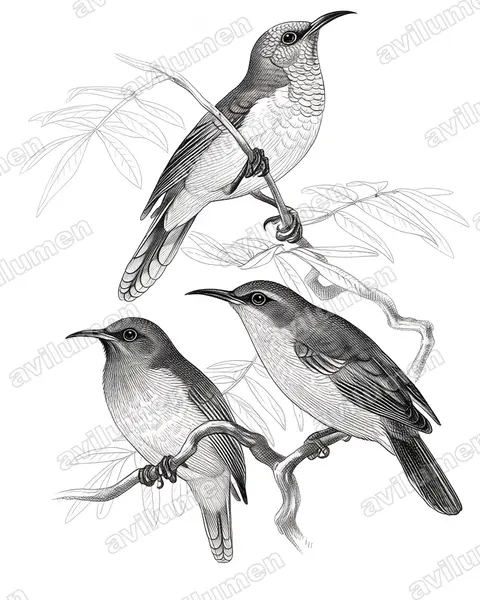 Illustration im Stil Tusche: Reichenbach-Nektarvogel (Anabathmis reichenbachii)
