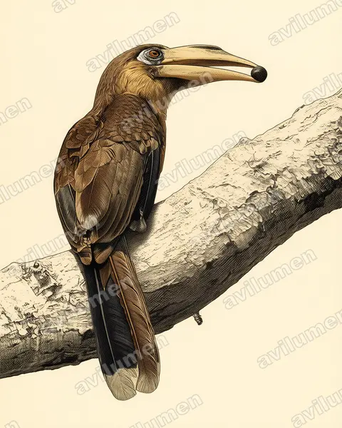 Ilustración en Lámina antigua: Anorrhinus tickelli (Cálao pardo de Tickell​)