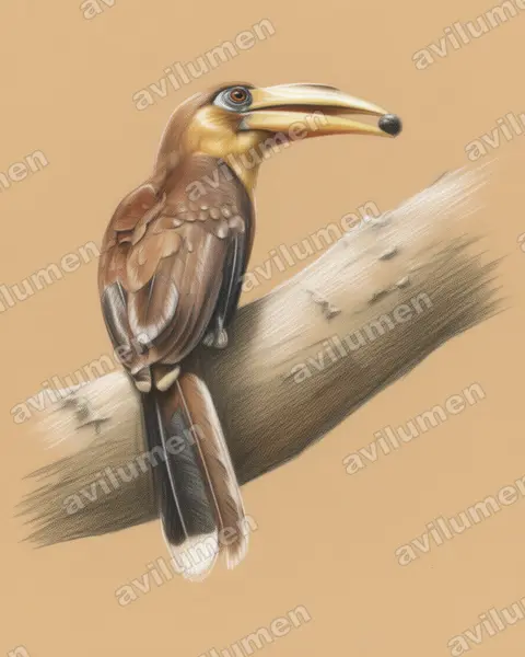Ilustración en Lápiz de color: Anorrhinus tickelli (Cálao pardo de Tickell​)