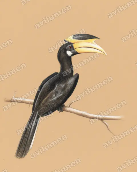 Colored pencil illustration: Anthracoceros coronatus (Indian Pied Hornbill)