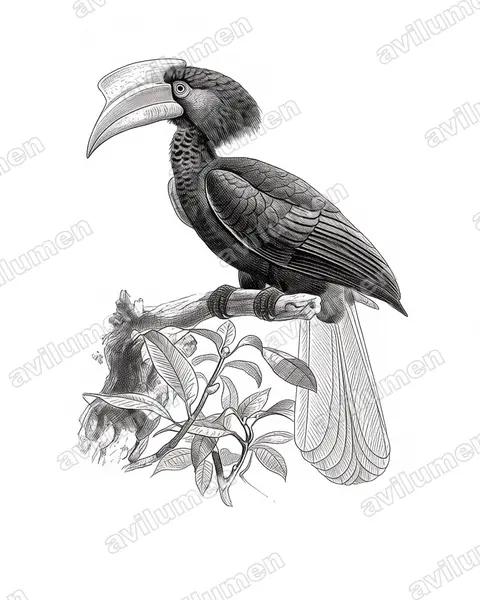 Sulu Hornbill（Anthracoceros montani）的钢笔墨线插画