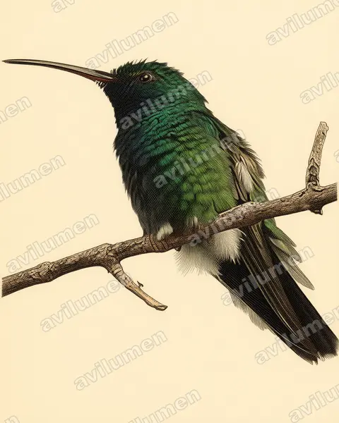 Ilustración en Lámina antigua: Anthracothorax viridigula (Mango gorgiverde​)